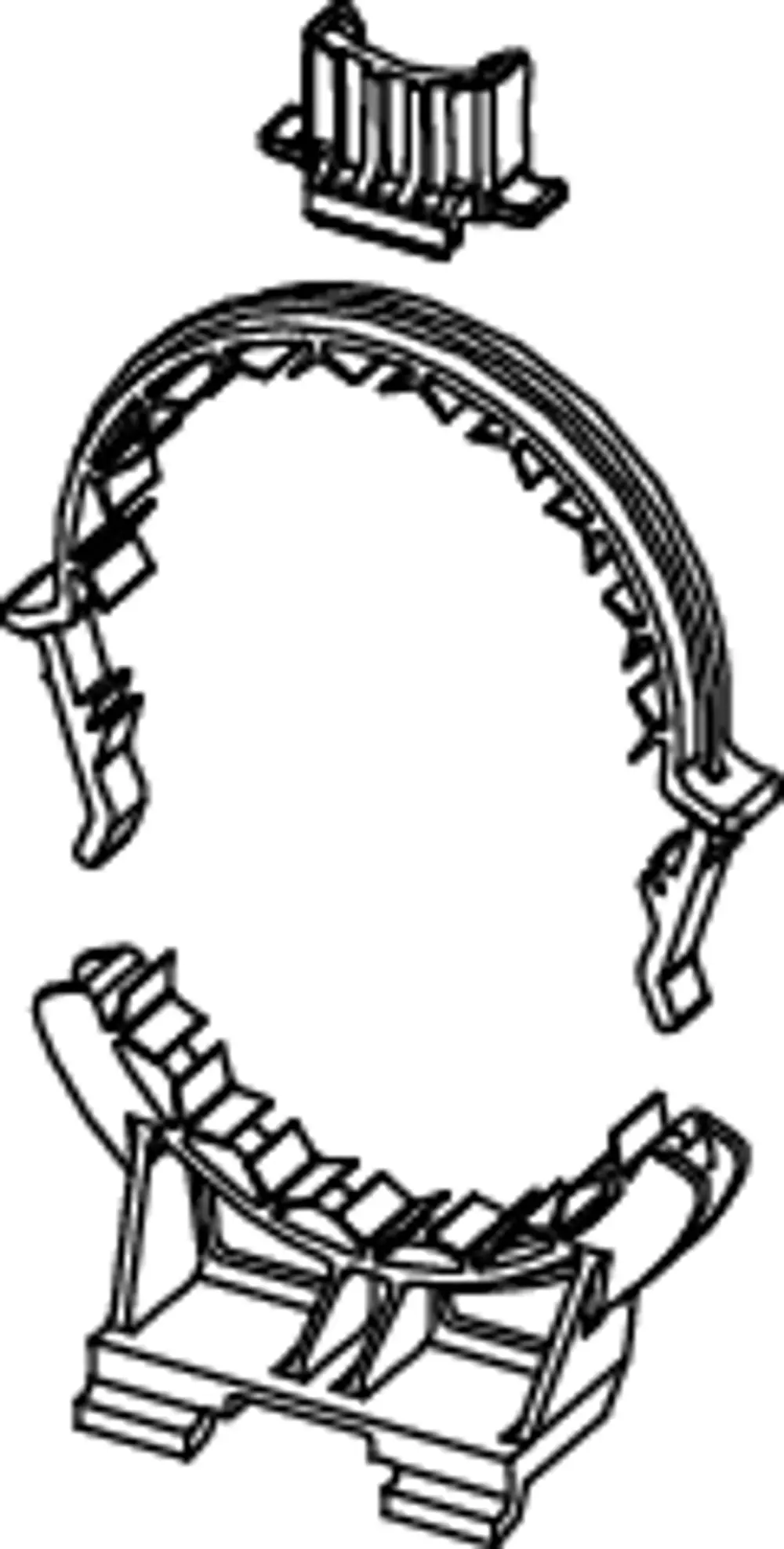 Halbrunder Halter für WC-Ablaufbogen mit Befestigungselementen, geeignet für die Montage an einer Traverse, sichtbar sind auch die Clips von TECE.